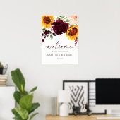 結婚式ウェルカムサイン ひまわり ワインレッドのバラ ポスター (ホームオフィス)