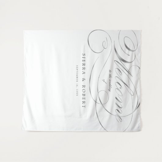 結婚式ウェルカムサイン エレガントな偽シルバー スクリプト タペストリー (正面(横))