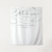 結婚式ウェルカムサイン エレガントな偽シルバー スクリプト タペストリー (正面)