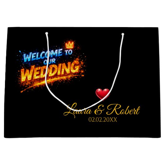 結婚式ウェルカムサイン - 名前と日付のカスタマイズ ラージペーパーバッグ (正面)