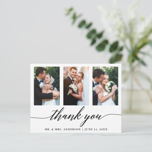 結婚式カリグラフィー3枚写真ありがとう ポストカード (スタンド正面)
