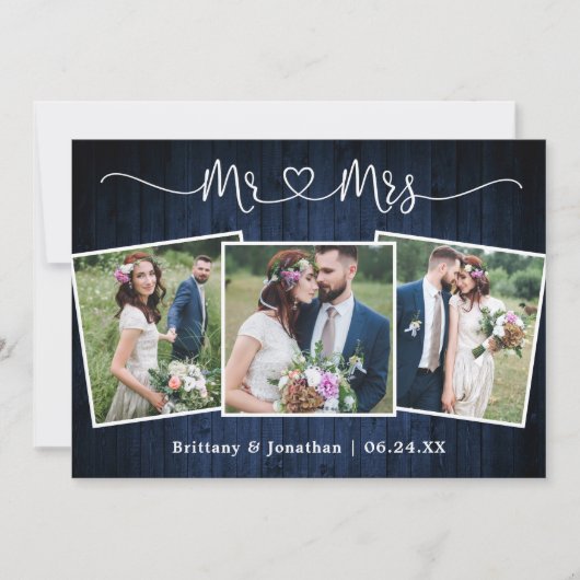 結婚式カリグラフィー ハート Mr. Mrs. ウッド 3枚写真 サンキューカード (正面)