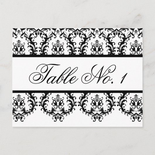 結婚式テーブルナンバーカード 白 黒 ダマスク ポストカード (正面)