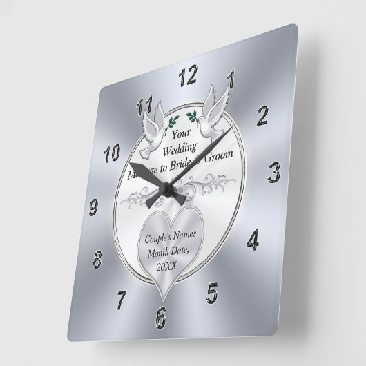結婚式パーソナライズされたの壁掛け時計、愛の鳥、 スクエア壁時計 (傾斜)