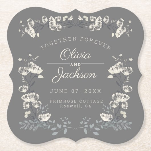 結婚式パーソナライズされたの灰色のフローラモダン ペーパーコースター (正面)
