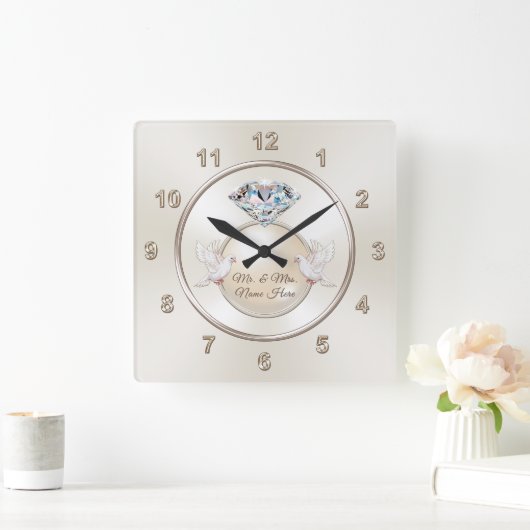 結婚式パーソナライズされたの贈り物の夫妻結婚の スクエア壁時計 (ホーム)