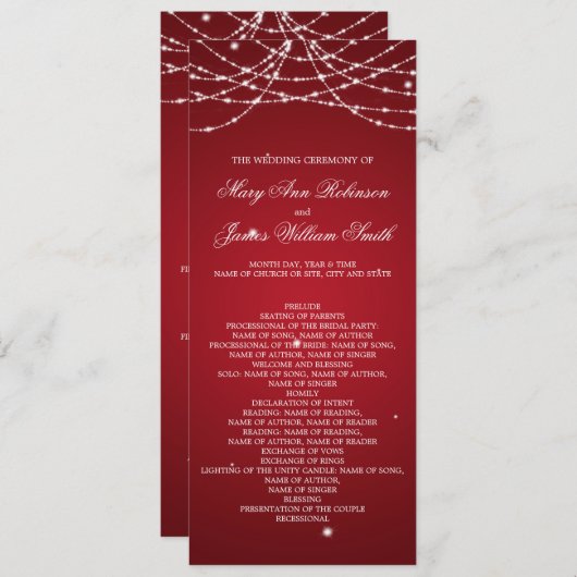 結婚式プログラムのきらめくなひもの赤 プログラム (正面/裏面)