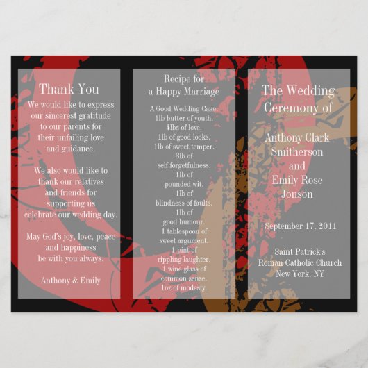 結婚式プログラムのパンフレットの赤茶色のリング プログラム (正面)