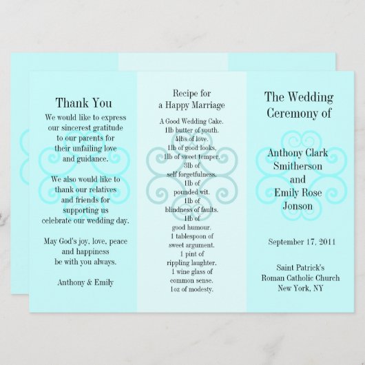 結婚式プログラムのパンフレットの青カール プログラム (正面/裏面)