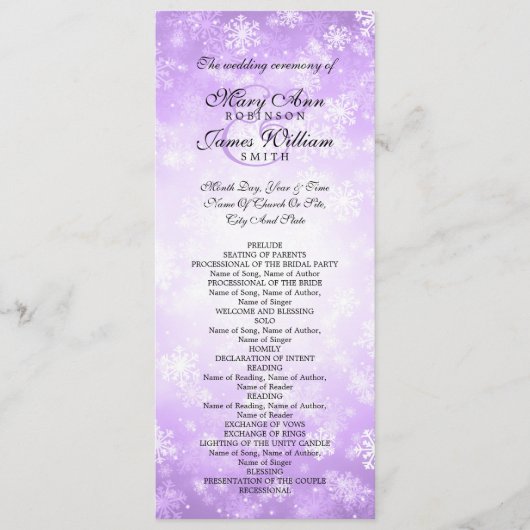 結婚式プログラムの紫色の冬の不思議の国の輝き プログラム (正面)