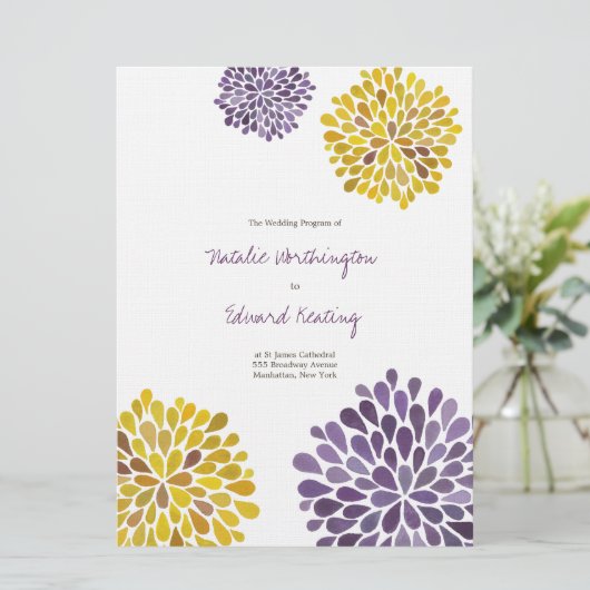結婚式プログラムの紫色の黄色い花の開花 プログラム (スタンド正面)