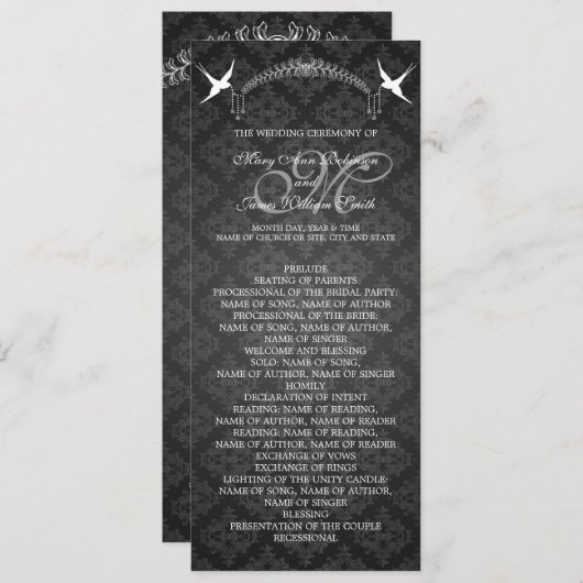 結婚式プログラムの鳥のモノグラムの黒 プログラム (正面/裏面)