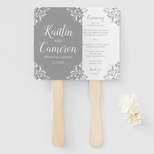 結婚式プログラムファン | Nadine (グレー) 4x6 ハンドファン (正面&裏面)