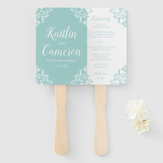 結婚式プログラムファン|Nadine(ライトターコイズ)4x6 ハンドファン (正面&裏面)