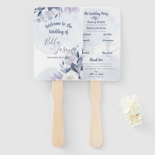 結婚式プログラム かわいい 水彩 ダスティーブルー 花 ハンドファン (正面&裏面)