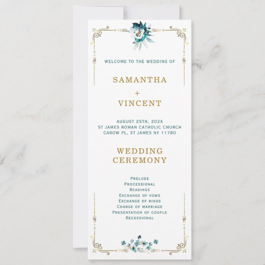 結婚式プログラム ティールとゴールド テンプレート (正面)