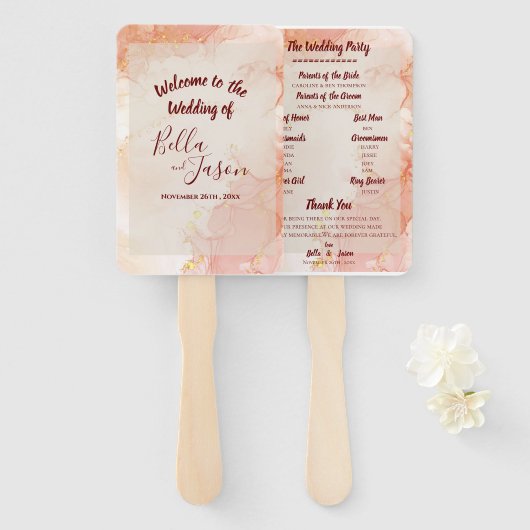 結婚式プログラム ピーチ ゴールド オレンジ マーブル パーティ ハンドファン (正面&裏面)