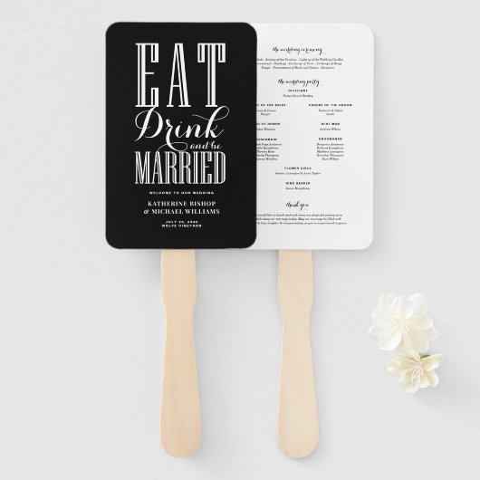 結婚式プログラム ブラック Eat Drink and Be Married ハンドファン (正面&裏面)
