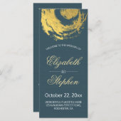 結婚式プログラム 青色 ゴールド箔 円 ブラシストローク プログラム (正面/裏面)