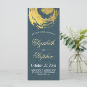 結婚式プログラム 青色 ゴールド箔 円 ブラシストローク プログラム (スタンド正面)