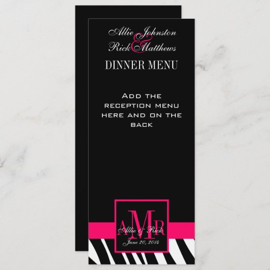 結婚式メニューはシマウマのピンクのモノグラムを梳きます メニュー (正面/裏面)