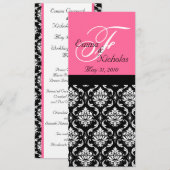 結婚式メニューはショッキングピンクのモノグラムのダマスク織を梳きます メニュー (正面/裏面)