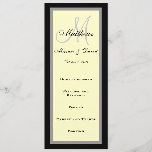 結婚式メニューはモノグラムのクリーム色の黒を梳きます メニュー (正面)