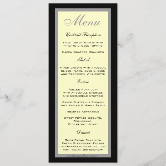 結婚式メニューはモノグラムのクリーム色の黒を梳きます メニュー (裏面)