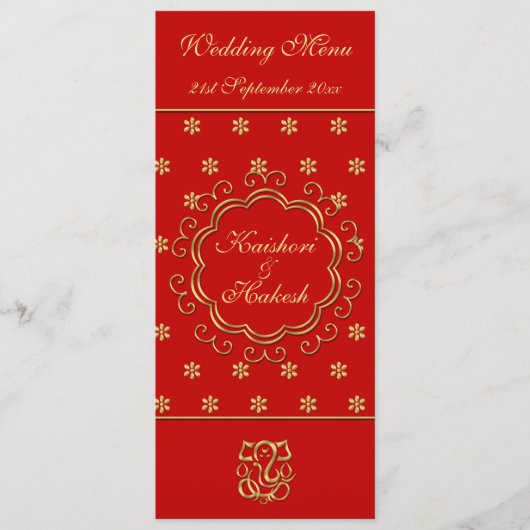 結婚式メニューテンプレートのインディアンの刺激を受けたな赤及び金ゴールド メニュー (正面)