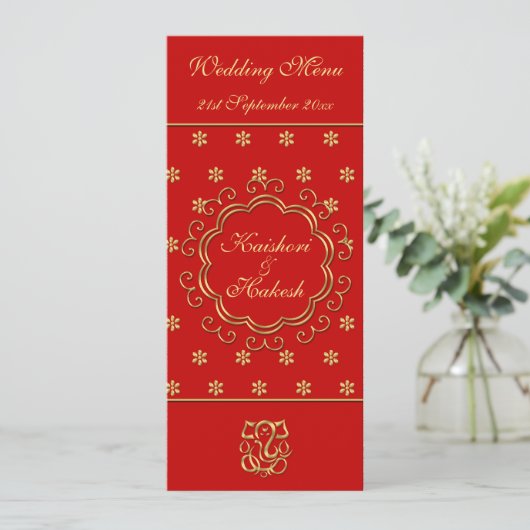結婚式メニューテンプレートのインディアンの刺激を受けたな赤及び金ゴールド メニュー (スタンド正面)