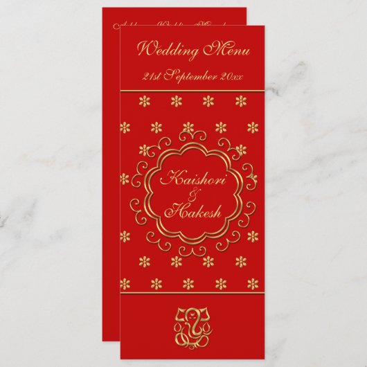 結婚式メニューテンプレートのインディアンの刺激を受けたな赤及び金ゴールド メニュー (正面/裏面)