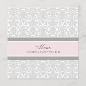 結婚式メニューピンクの灰色の花のダマスク織 メニュー (裏面)