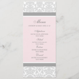 結婚式メニューピンクの灰色の花のダマスク織 メニュー
