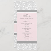 結婚式メニューピンクの灰色の花のダマスク織 メニュー (正面/裏面)