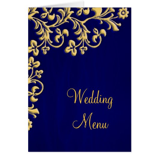 結婚式メニュー青および金ゴールドのブロケードカード (正面)