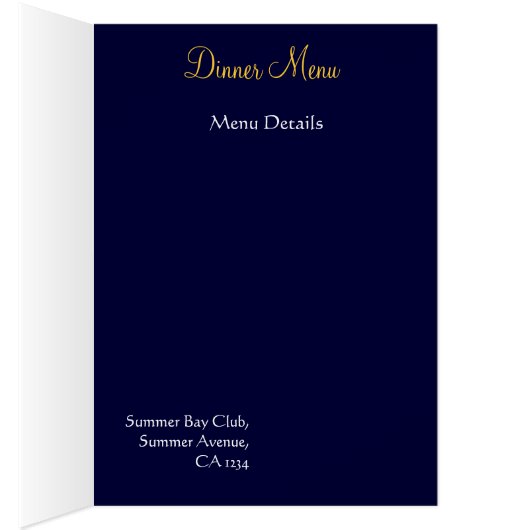 結婚式メニュー青および金ゴールドのブロケードカード (内側 (右))