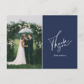 結婚式モダンの写真ありがとう |ネイビーブルー ポストカード (正面)