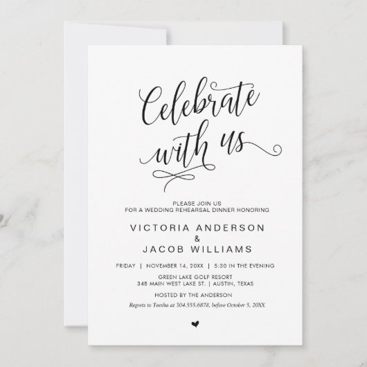 結婚式リハーサルディナー, シンプルでおしゃれなブラック 招待状 (正面)