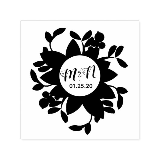 結婚式ロゴ 緑の花の装飾 円形 オリジナル セルフインキングスタンプ (デザイン)