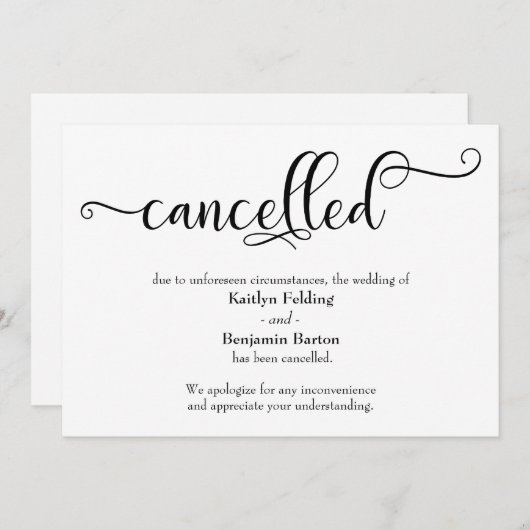 結婚式中止のカリグラフィー発表カード 招待状 (正面/裏面)