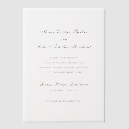 結婚式伝統的の日付の保存 ベラム紙招待状 (正面)