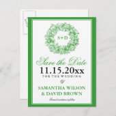 結婚式保存日付ヴィンテージフローラモノグラムグリー 案内ポストカード (正面/裏面)