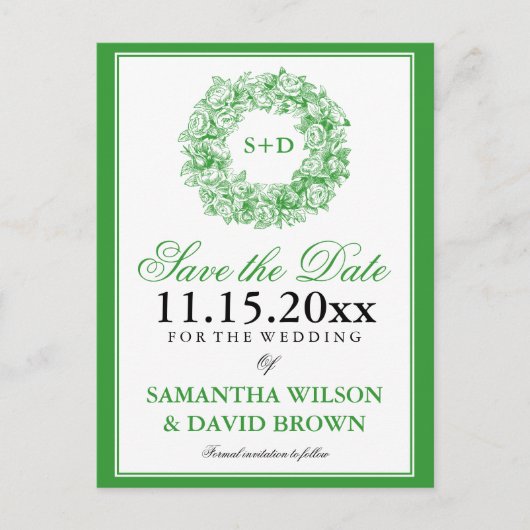 結婚式保存日付ヴィンテージフローラモノグラムグリー 案内ポストカード (正面)