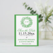 結婚式保存日付ヴィンテージフローラモノグラムグリー 案内ポストカード (スタンド正面)