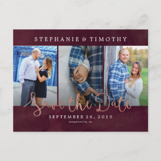 結婚式保存日 – ワインレッド&バラ金ゴールド 案内ポストカード