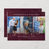 結婚式保存日 – ワインレッド&バラ金ゴールド 案内ポストカード (正面/裏面)