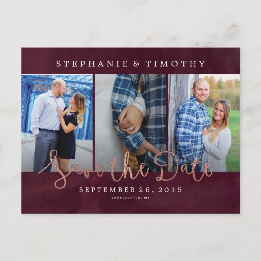 結婚式保存日 – ワインレッド&バラ金ゴールド 案内ポストカード (正面)