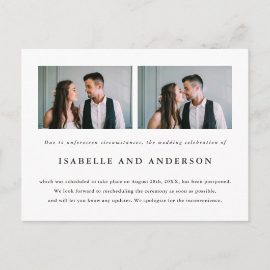 結婚式写真2枚の延期のお知らせ 案内ポストカード (正面)