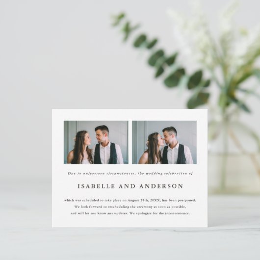 結婚式写真2枚の延期のお知らせ 案内ポストカード (スタンド正面)