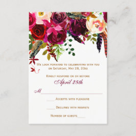 結婚式出欠カード - ワインレッドの花と羽根 招待状